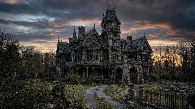 Abandoned mansion house in woods with overgrown garden at sunset
