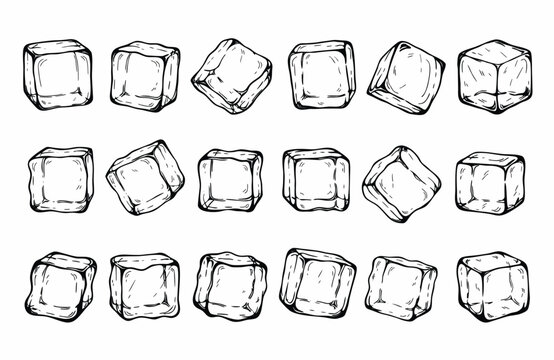 Monochrome sketch of hand‑drawn ice cubes arranged neatly in two rows, each cube shown from a different angle with crisp contour lines suggesting transparency and reflection.