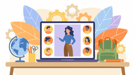 Fototapeta premium Online education with virtual classroom and diverse students on laptop