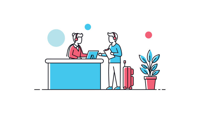 Male traveler with a suitcase checks in at a service desk with a receptionist using a computer in a modern hotel or airport terminal.