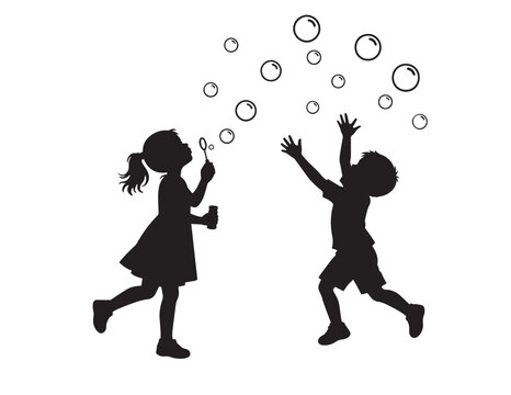 Children playing with bubbles, a joyful black silhouette vector illustration. Kids blowing and catching soap bubbles, a playful childhood activity graphic.