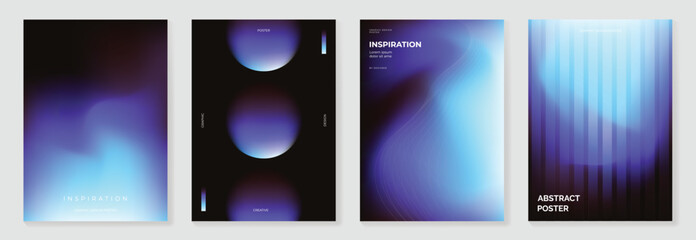 Fototapeta na wymiar Futuristic dark blue abstract poster set vector. Cyber glow rounded geometric gradient templates for technology event, music cover, digital design and modern background.