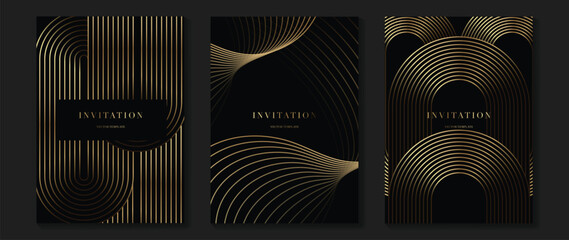 Fototapeta na wymiar Luxury gala invitation card background vector. Golden elegant wavy gold line pattern on black background. Premium design illustration for wedding and vip cover template, grand opening.