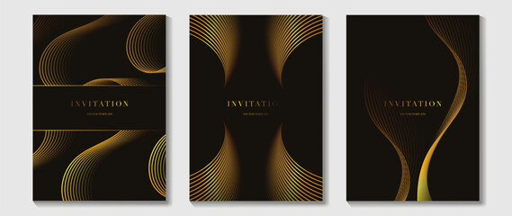 Naklejka na ściany i meble Luxury gala invitation card background vector. Golden elegant wavy gold line pattern on black background. Premium design illustration for wedding and vip cover template, grand opening.