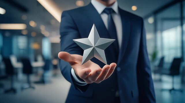 Cinematic slow motion close-up of a businessman in a sharp suit presenting a gleaming silver star award on his open palm in a modern corporate office, symbolizing excellence, achievement