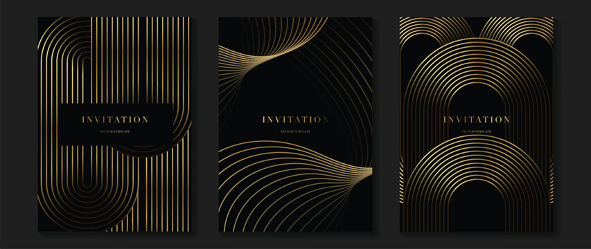 Luxury gala invitation card background vector. Golden elegant wavy gold line pattern on black background. Premium design illustration for wedding and vip cover template, grand opening.