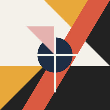 Abstract geometric constructivist art composition featuring dynamic angles colorful triangles and circles in minimalist modern style.