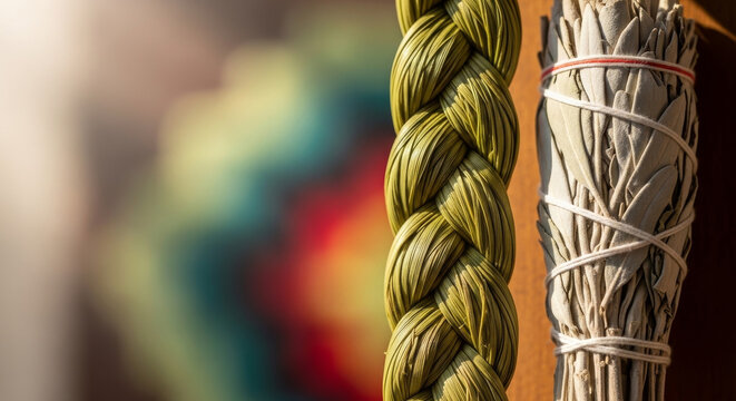 sweetgrass braid and sage bundle arranged for spiritual cleansing ritual and traditional wellness practice. Suitable for meditation and cultural ceremony themes