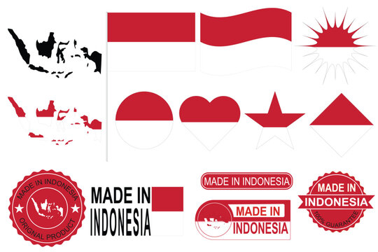 High-quality editable Indonesia vector elements including national flag icons, country map outline, red and white flag symbols and made in Indonesia stamps. Suitable for branding and marketing.