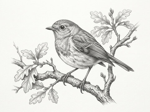 Detailed robin bird pencil drawing with realistic vintage illustration style