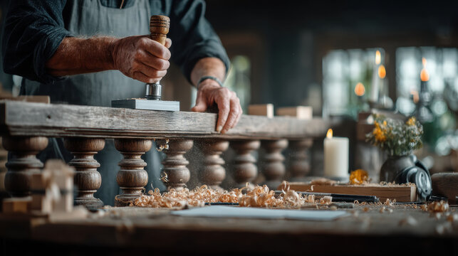 Close up carpenter hands carving decorative wooden furniture pieces in artisan workshop, realistic craftsmanship photography featuring traditional woodworking tools, handmade production and warm 