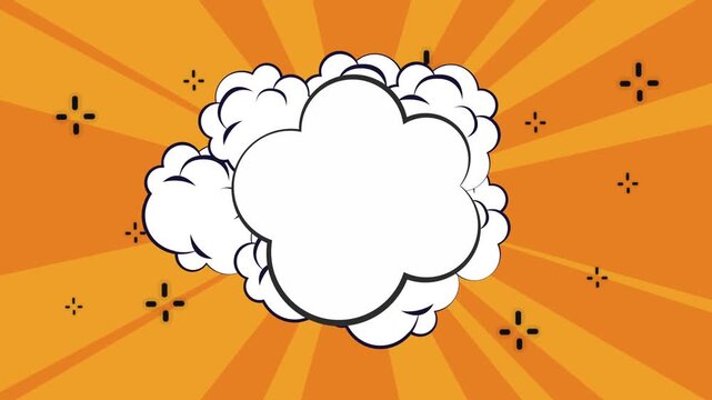 Animated white comic cloud on orange sunburst background with floating cross symbols and pop art style.