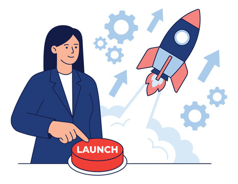 Flat illustration of businesswoman pressing launch button depicting startup and rocket launch concept for business and marketing design