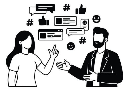 Outline illustration of two people discussing social media depicting conversation with hashtags likes and emoji for digital marketing design