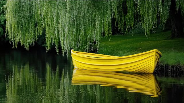A yellow canoe resting on a serene lake with weeping willows in the background.