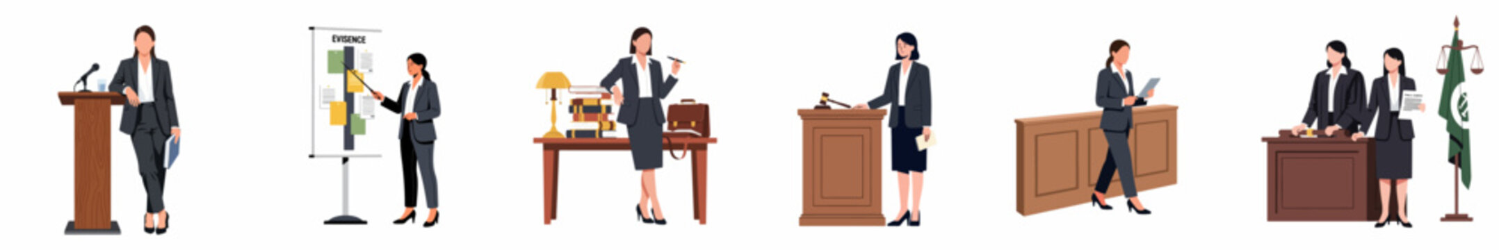 Vector illustration of professional women in various courtroom roles, including lawyers, judges, and legal experts, symbolizing justice, law, and corporate leadership.