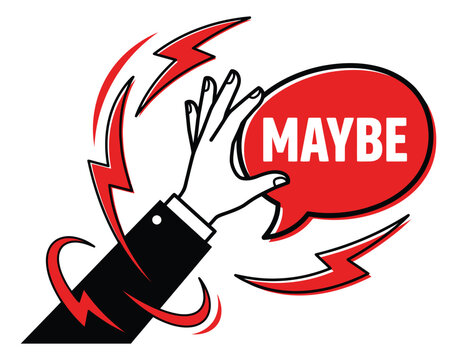 Retro cartoon illustration of a hand holding a speech bubble depicting uncertainty and indecision for business and communication design
