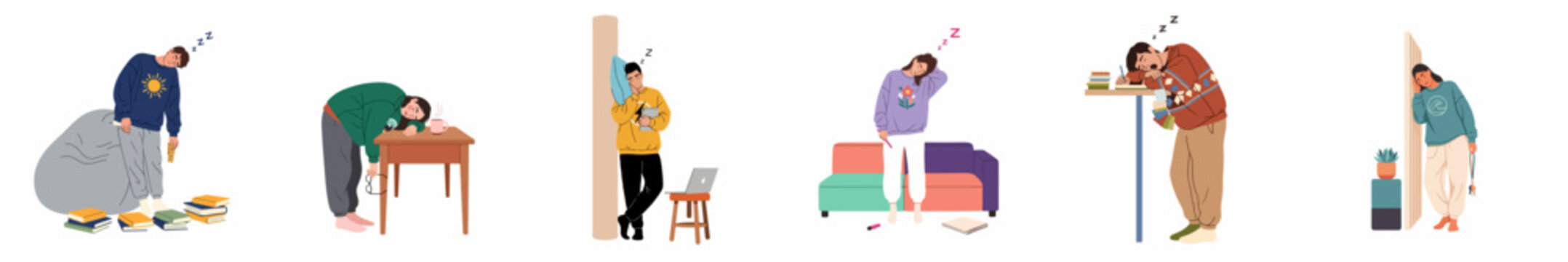 Set of Illustrations Featuring Tired and Exhausted People Sleeping in Various Positions and Locations Due to Burnout or Lack of Sleep
