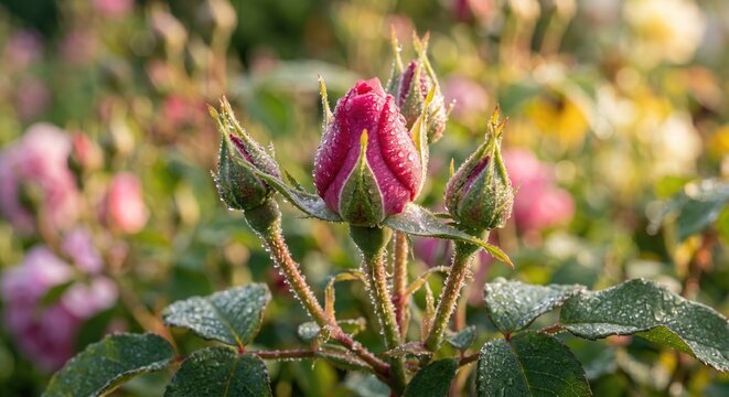 Close-up of pink rosebuds on a sunny day in a garden