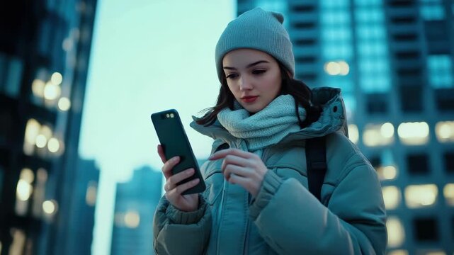 Woman checks phone in city evening. She wears knit hat and scarf. Urban lights glow behind her. Cold weather suggests winter. She stands still, focused on screen. City buildings frame the scene