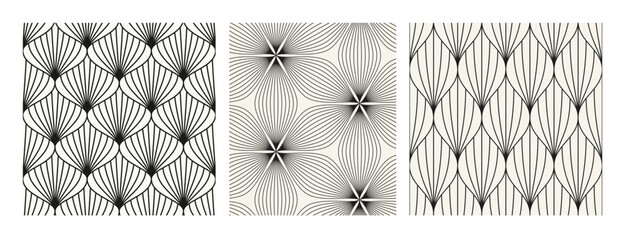 Fototapeta na wymiar Vector seamless pattern set. Monochrome graphic surface design. Decorative geometric flowers. Regular floral backgrounds. Elegant linear petals. Contemporary stylish ornaments.