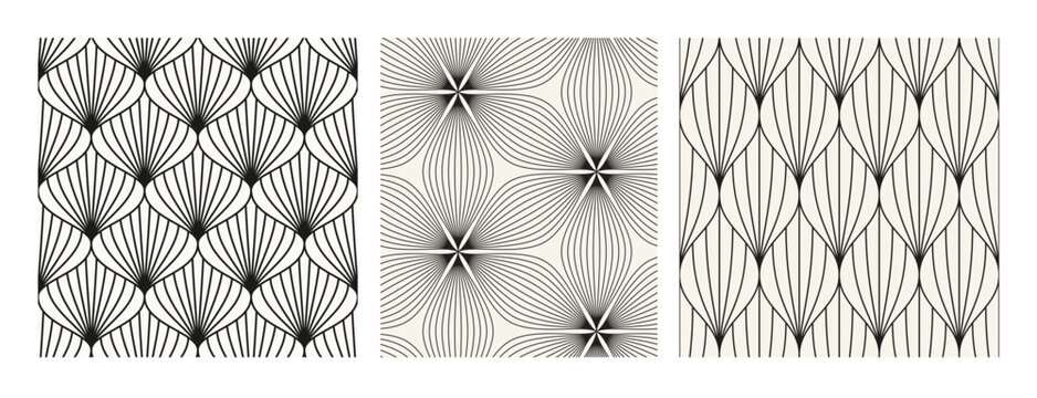 Vector seamless pattern set. Monochrome graphic surface design. Decorative geometric flowers. Regular floral backgrounds. Elegant linear petals. Contemporary stylish ornaments.