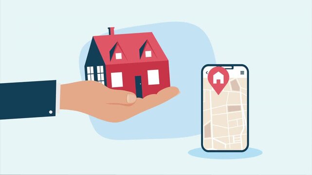 Real estate application animation showing hand holding house model and smartphone with gps navigation map for property search.