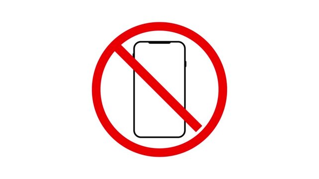 Animated large no phone icon with a red prohibition circle on a black background. Use for quiet zone warning, device ban, or alert footage.