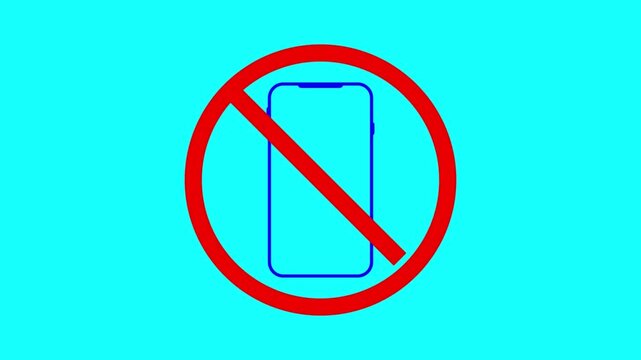 Animated large no phone icon with a red prohibition circle on a blue background. Use for quiet zone warning, device ban, or alert footage.4k