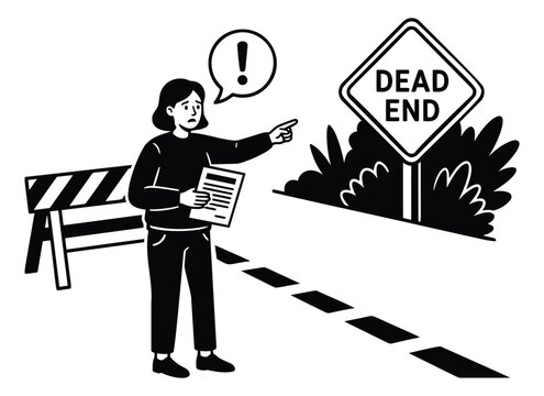 Cartoon illustration of a woman pointing at a dead end sign depicting wrong direction and blocked road for business and navigation design