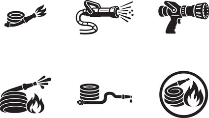 Firefighting hose icon set with fire safety, emergency protection and hazard symbols. © Mst.Atina