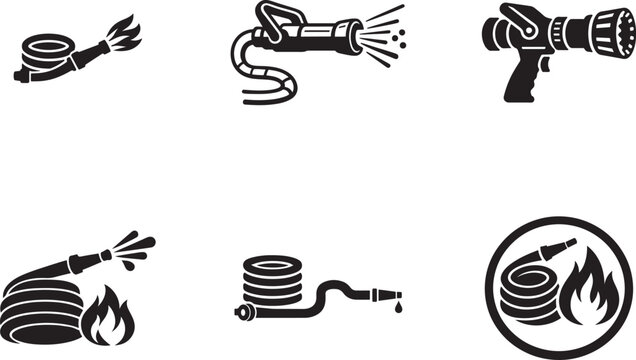 Firefighting hose icon set with fire safety, emergency protection and hazard symbols.