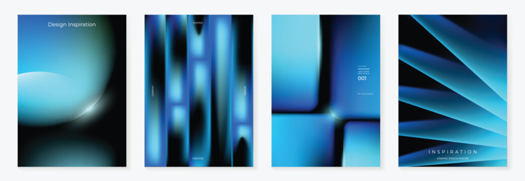 Futuristic dark blue abstract poster set vector. Cyber glow rounded geometric gradient templates for technology event, music cover, digital design and modern background.