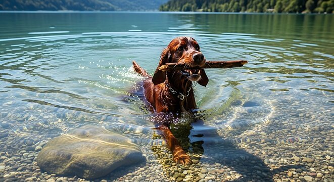 Dog fetching stick in lake