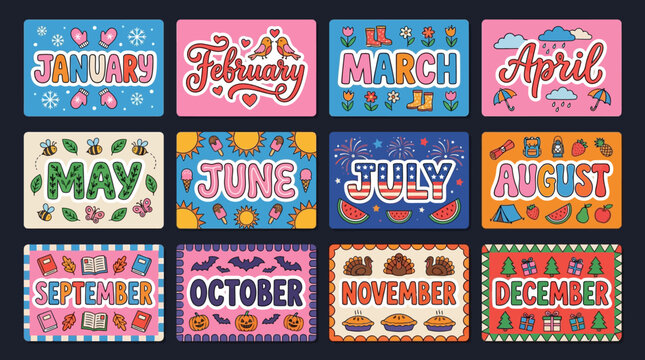 a playful hand-drawn calendar months themed vector illustration on a dark background