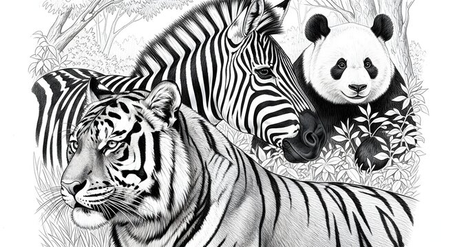 Detailed wildlife coloring page with tiger zebra and giant panda