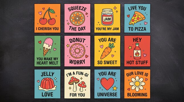 a hand-drawn greeting card poster set on a dark, with a grid of colorful mini cards with cute food and love-themed illustrations