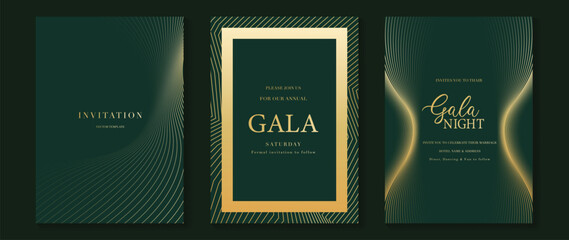 Fototapeta premium Luxury jade and emerald green gala invitation card set vector. Art deco gold geometric line templates for wedding, party, corporate event, VIP celebration and formal night design.