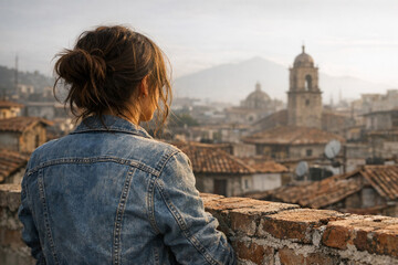 Fototapeta premium A woman gazing over an old town with historic buildings and rooftops during sunset.