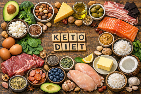 Keto diet surrounded by healthy foods. Avocados, eggs, meats, fish, nuts, cheese, seeds, olives, berries. Rich in fats, proteins, and low in carbs. Natural, vibrant, colorful food arrangement