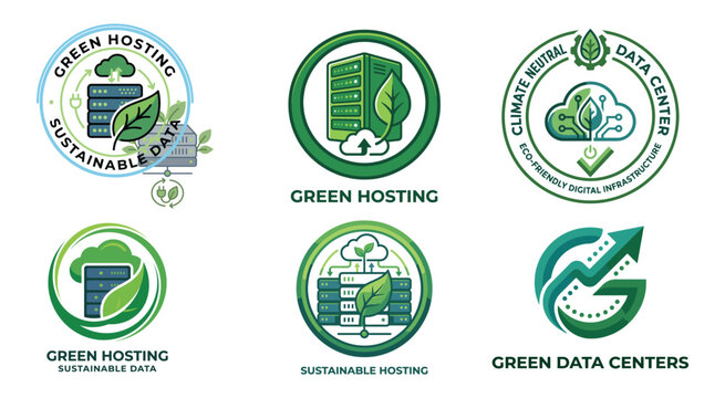 Set of green hosting and sustainable data center logo icons