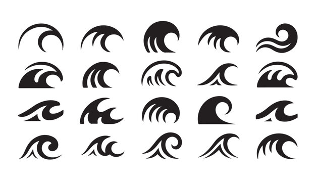 Ocean wave icons collection displaying various sea surf shapes for nautical graphic design.