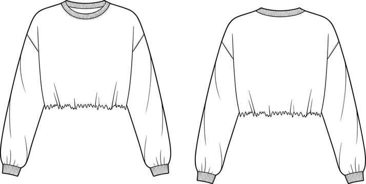 Technical flat sketch of a women's oversized boxy crew neck t-shirt vector illustration with front and back views for apparel design tech packs.