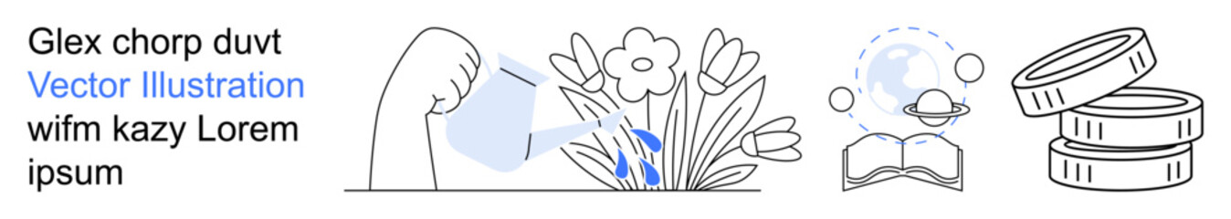 Fototapeta premium Nature care, learning, savings, innovation, sustainability, personal growth. Hand watering flowers, coins and book illustrated in outlined style. Nature care and savings