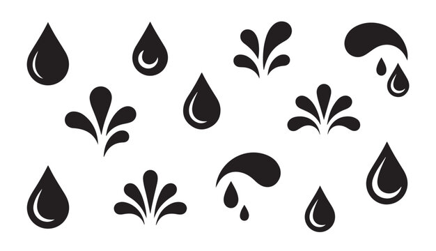 Water drop set with various splash shapes and falling liquid icons isolated on white surface.