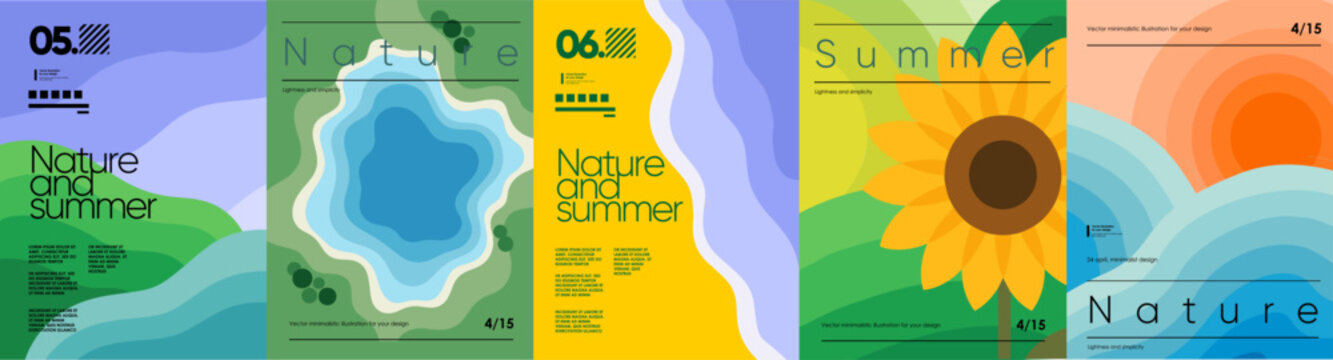 Nature and summer. Vector abstract modern minimalist landscape illustrations with sunset, sunflower, lake on a map, top view, beach, and river for poster, background, and wall art.