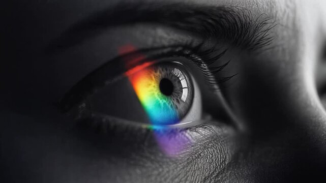 Close-up extreme macro shot of a human eye opening and iris revealing vibrant rainbow spectrum light refracting, symbolizing perception, awareness, creativity, and diversity