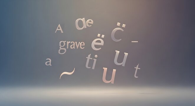 Abstract composition featuring floating typographical letters and diacritical marks.