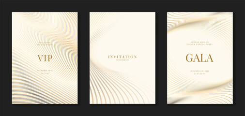 Obraz na płótnie Canvas Luxury gala invitation card background vector. Golden elegant wavy gold line pattern on black background. Premium design illustration for wedding and vip cover template, grand opening.