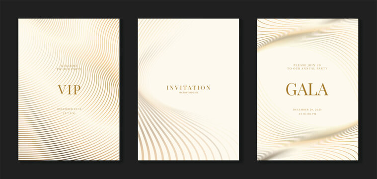 Luxury gala invitation card background vector. Golden elegant wavy gold line pattern on black background. Premium design illustration for wedding and vip cover template, grand opening.
